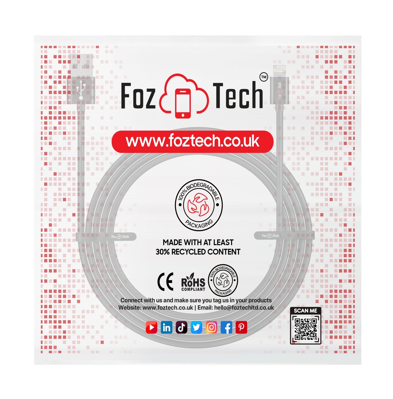 Foz Tech - CORE Series - USB Charger Cable Data Sync Lead for iPhone, iPad, iPod - Black - USB Cable - FozTech