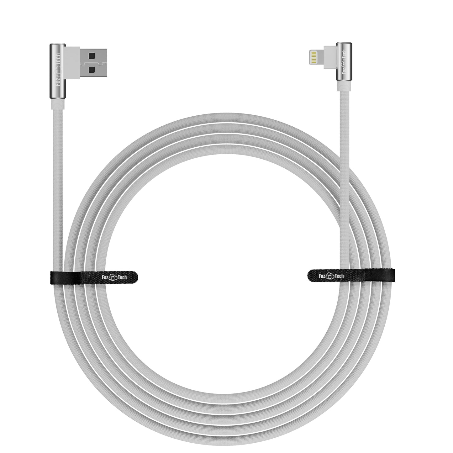 FozTech - Angled Series - Angled USB Charger Cable Data Sync Lead for iPhone, iPad, iPod - Silver - USB Cable - FozTech