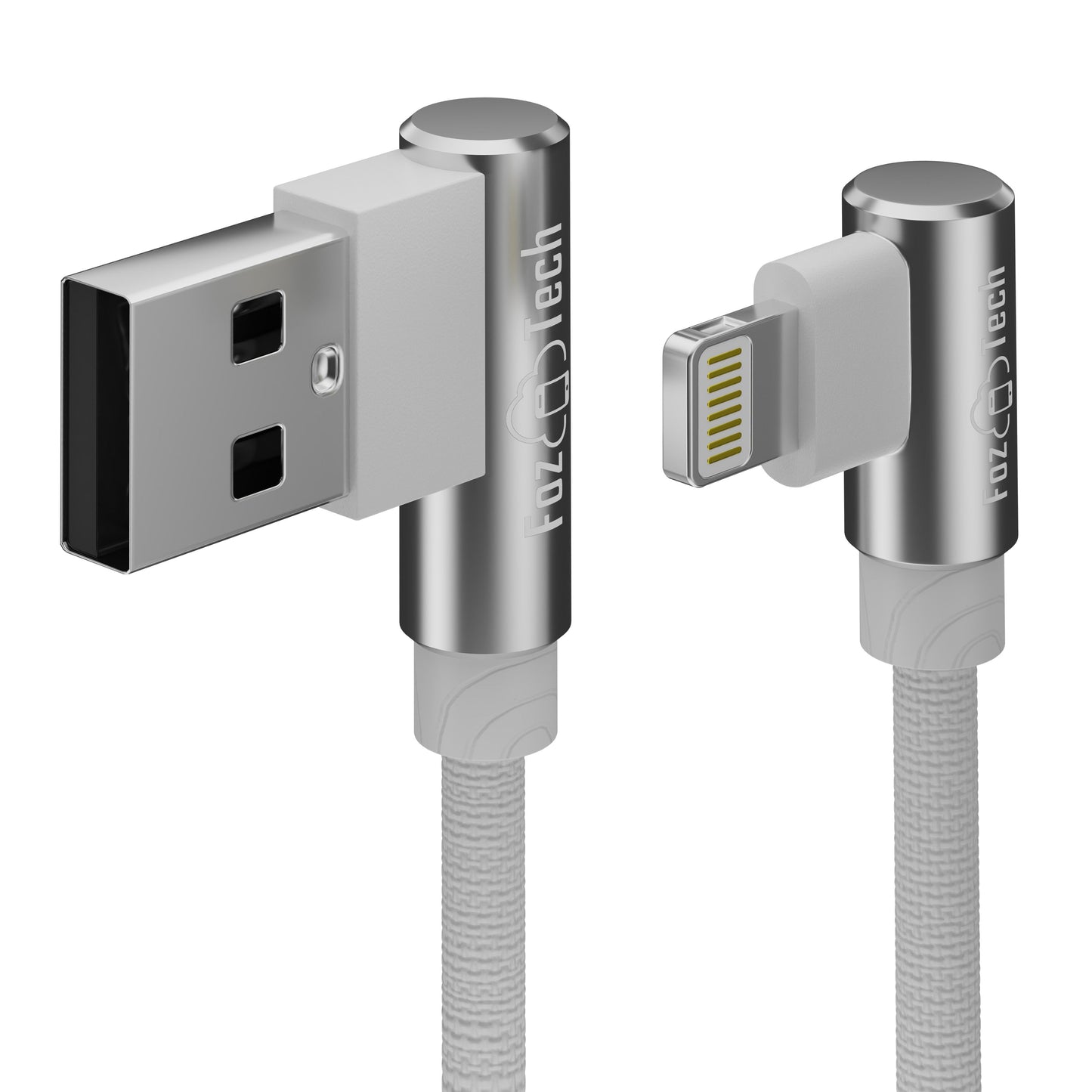 FozTech - Angled Series - Angled USB Charger Cable Data Sync Lead for iPhone, iPad, iPod - Silver - USB Cable - FozTech