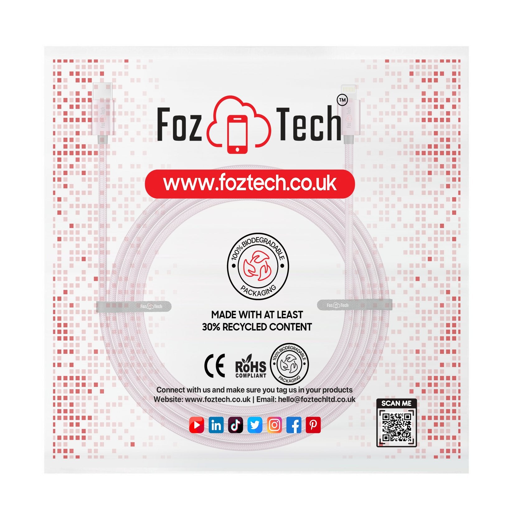 FozTech - CORE Series - USB-C Fast Charger Cable for iPhone 14 13 12 11 XR XS SE X 8 - Pink - USB Cable - FozTech