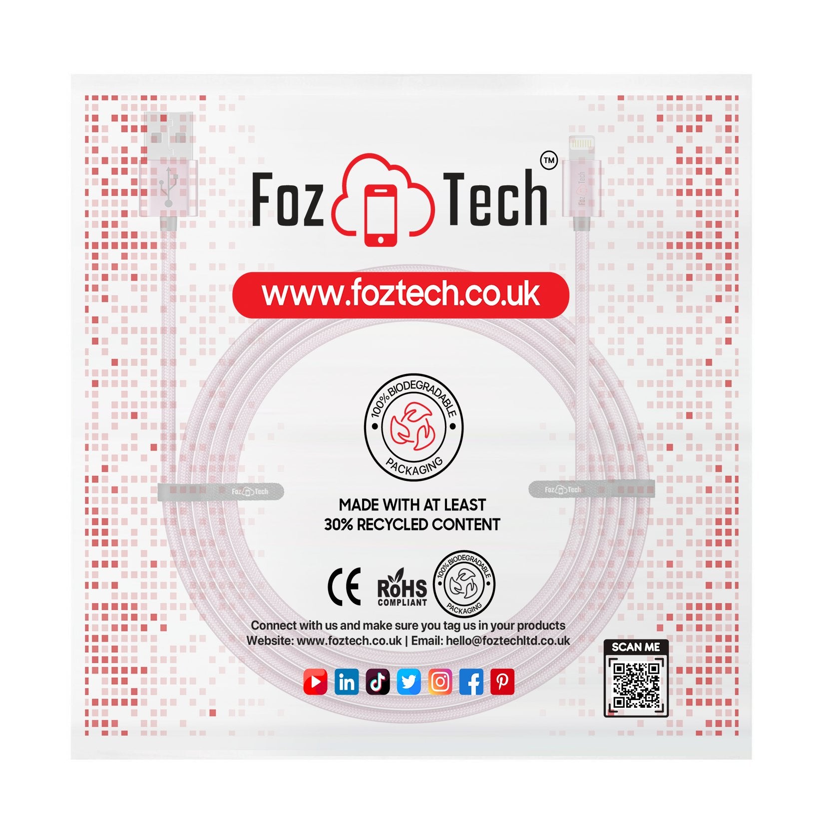 FozTech - CORE Series - USB Charger Cable Data Sync Lead for iPhone, iPad, iPod - Pink - USB Cable - FozTech