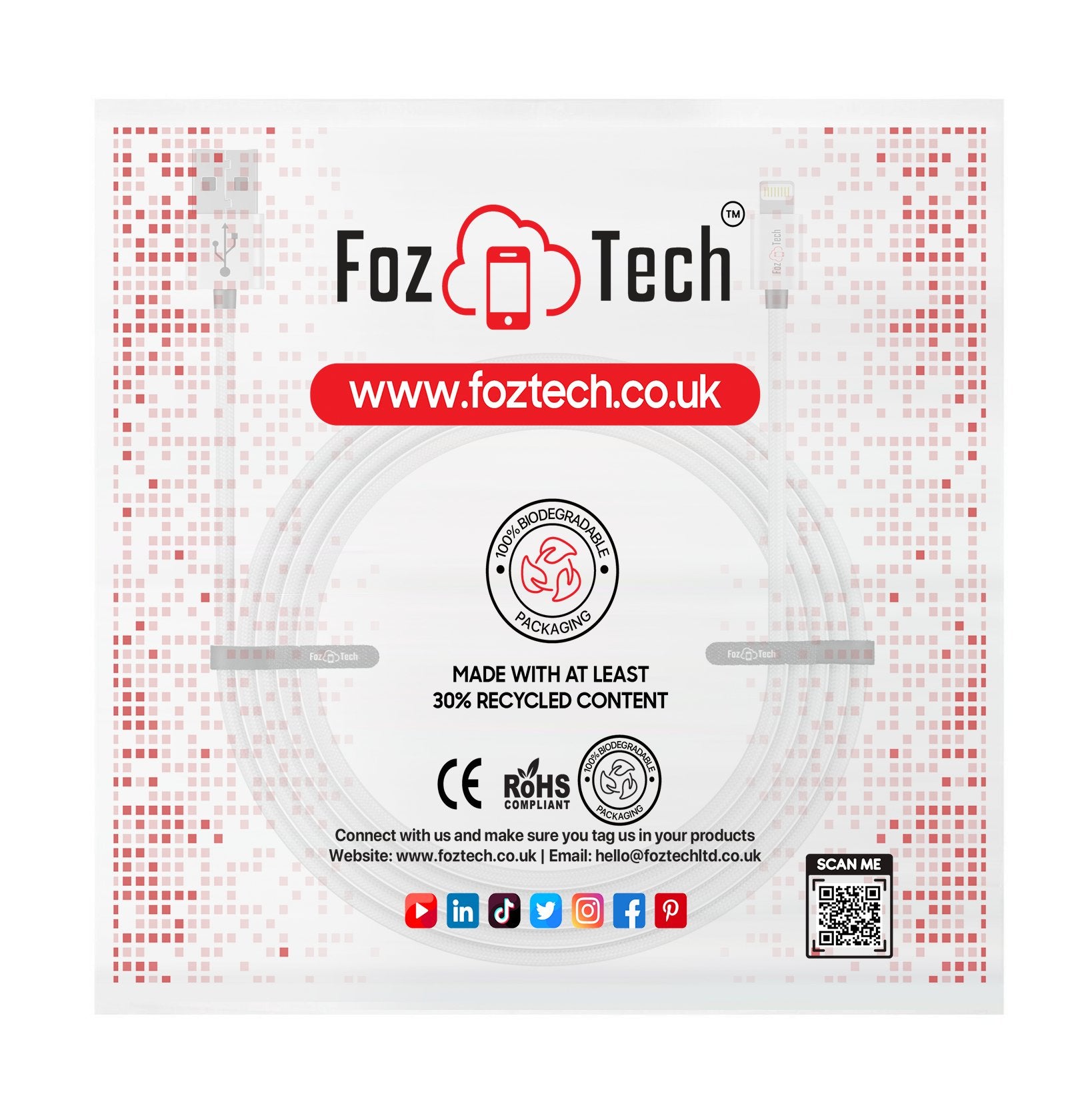 FozTech - CORE Series - USB Charger Cable Data Sync Lead for iPhone, iPad, iPod - Silver - USB Cable - FozTech