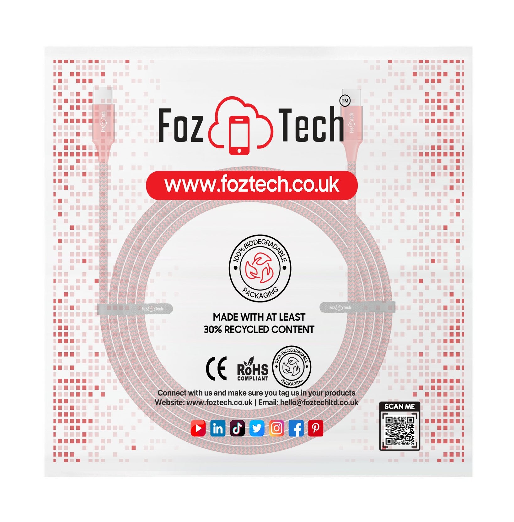 FozTech - PRO Series - USB-C to USB-C Fast Charger USB 2.0 Data Transfer Lead - Red - USB Cable - FozTech